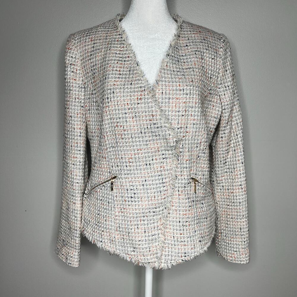 MNG by Mango Women's Tweed Speckled Blazer Coat Jacket Size 8 Asymmetrical‎ Zip
